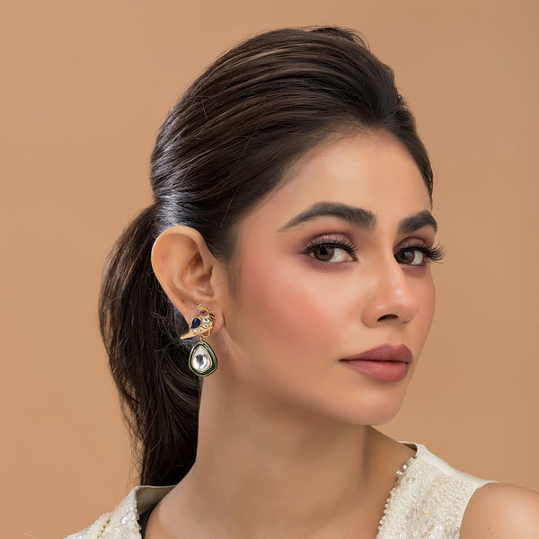 Parrot Motif Kundan Drop Earrings | Handcrafted Polki Statement Earrings with Multi-Color Enamel for Wedding & Festive Luxury