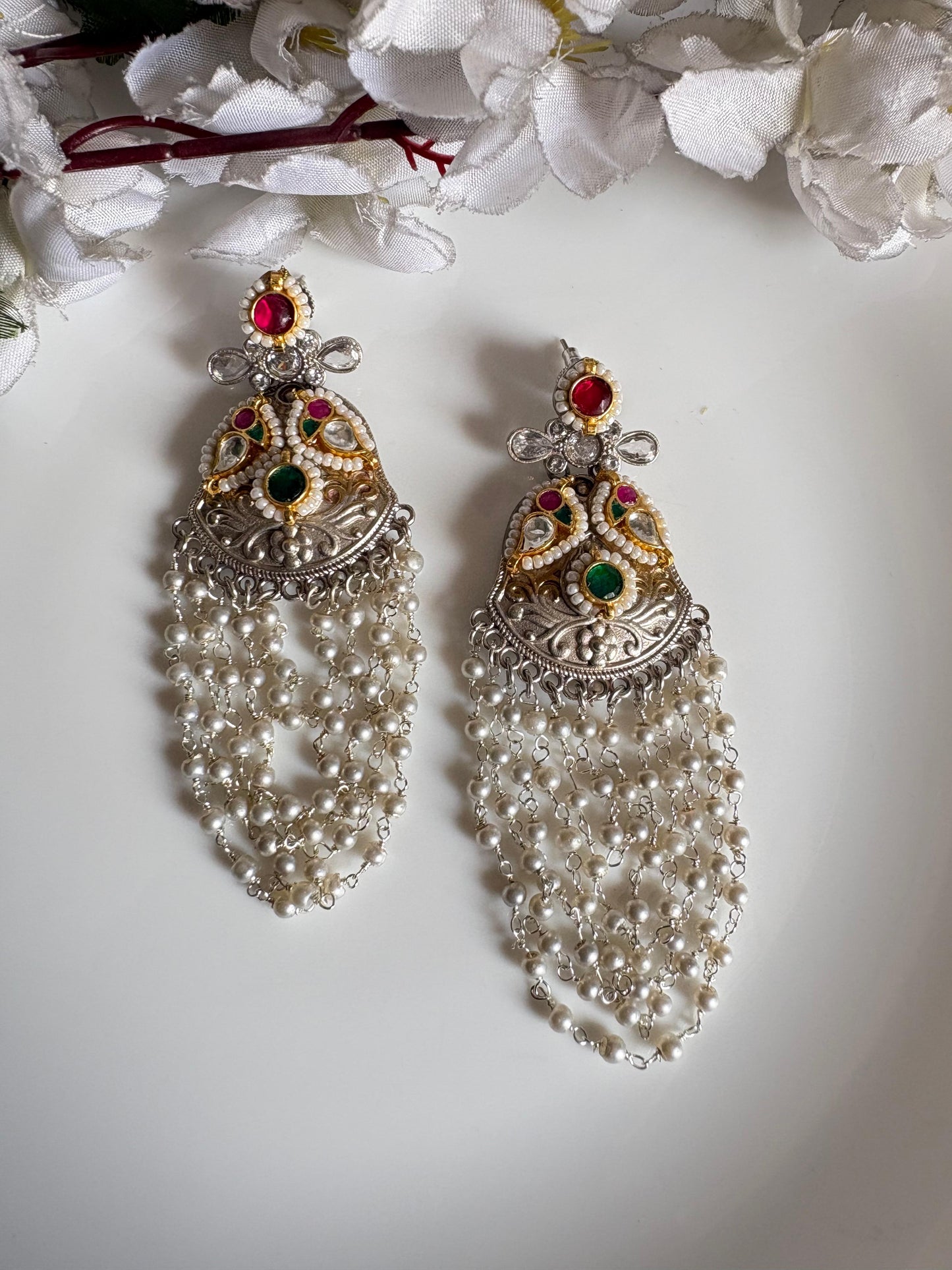 Rajeshwari Haarika Long Premium Kundan Fusion Earrings with Multi-Layer Pearl Chains | Dualtone Statement Wedding Jewellery | Alankrent by Alankrent