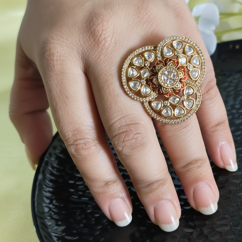 Varnika Floral Polki Moissanite Ring with CZ Diamonds Adjustable Statement Ring | Moissanite Jewellery India | Premium Indian Jewellery