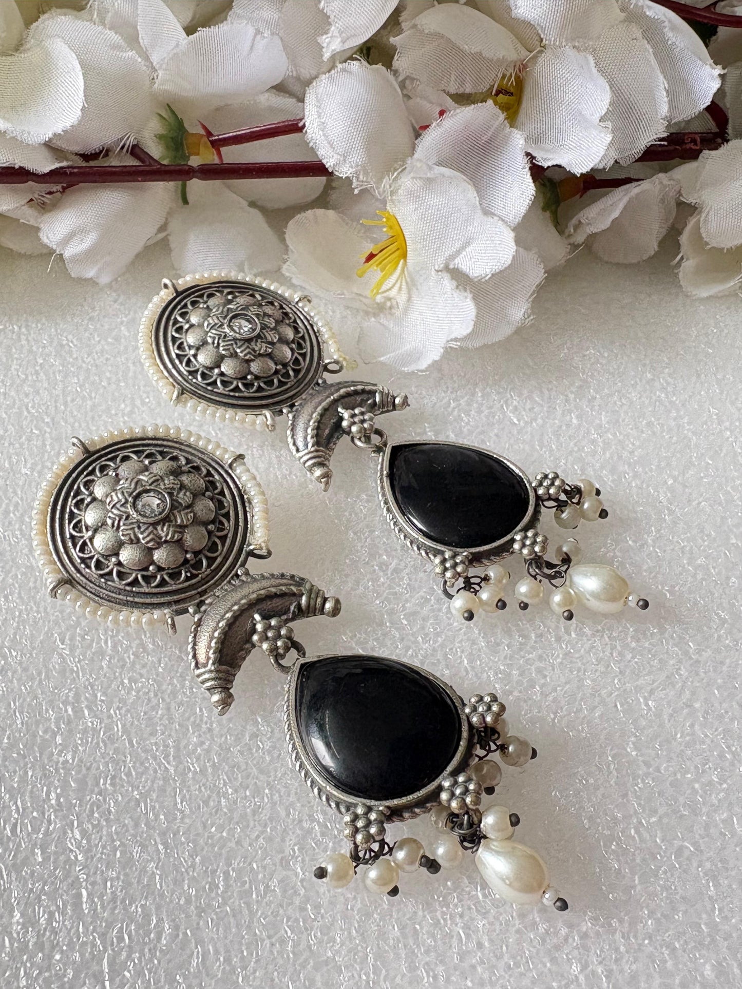 Sla Look Silver Statement Earrings With Pearl Drops Handcrafted Festive Wear