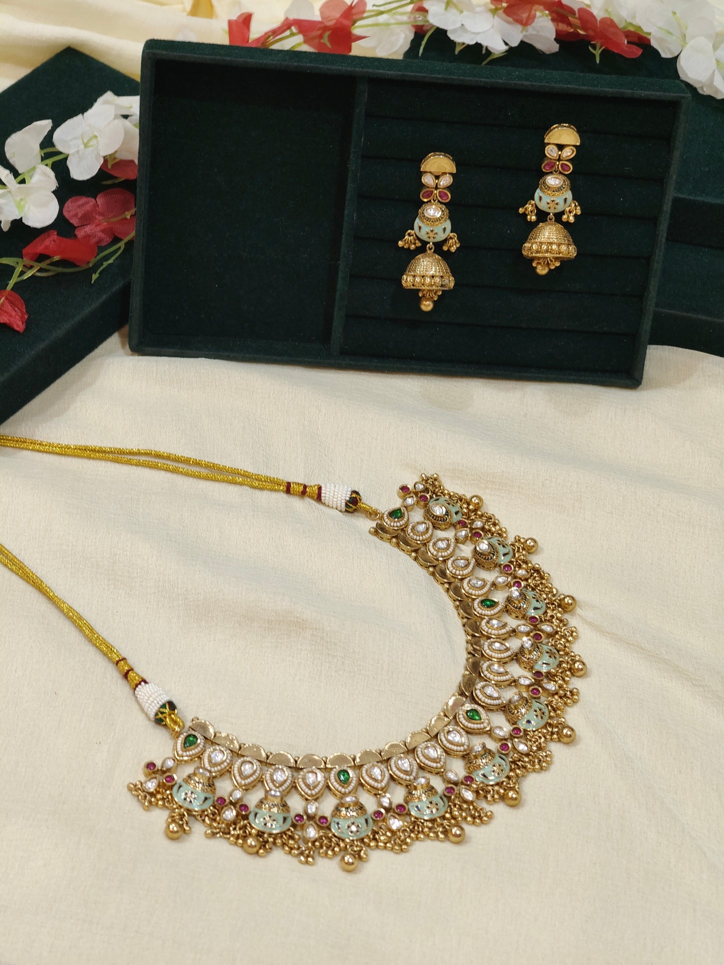 Aarunya Pastel Kundan Polki Choker Necklace Set with Designer Jhumka Earrings | Premium Bridal Jewellery
