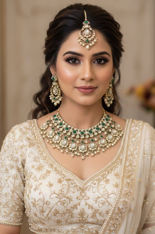 Emerald Polki Kundan Choker Set with Earrings & Maang Tikka | Bridal Statement Jewellery | Alankrent Signature Luxury Collection