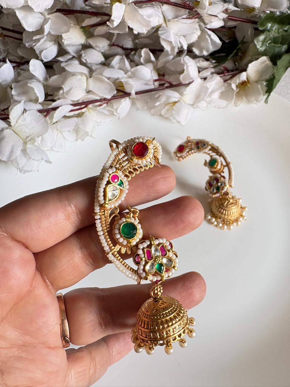 Temple Kundan Long Ear Cuffs with Pearl Lining & Antique Gold Jhumka | Designer Bridal Statement Earrings | Alankrent Luxe