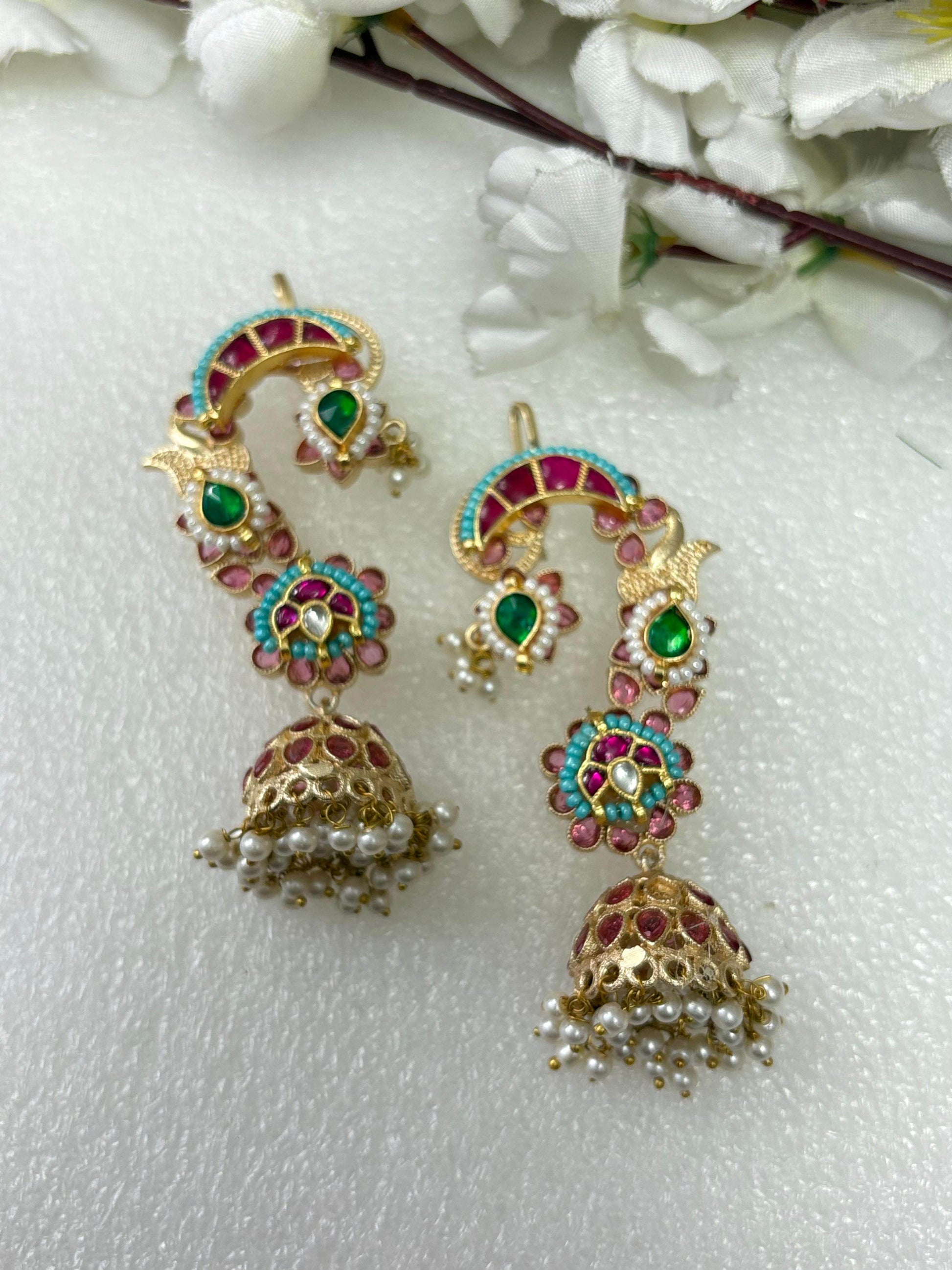 Stone Gold Matt Earcuffs with Kundan Fusion - Alankrent Luxe