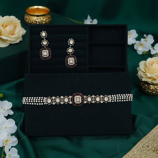 Polki Choker Necklace Set with Pearl Strands and Ruby Stones Bridal Jewellery India