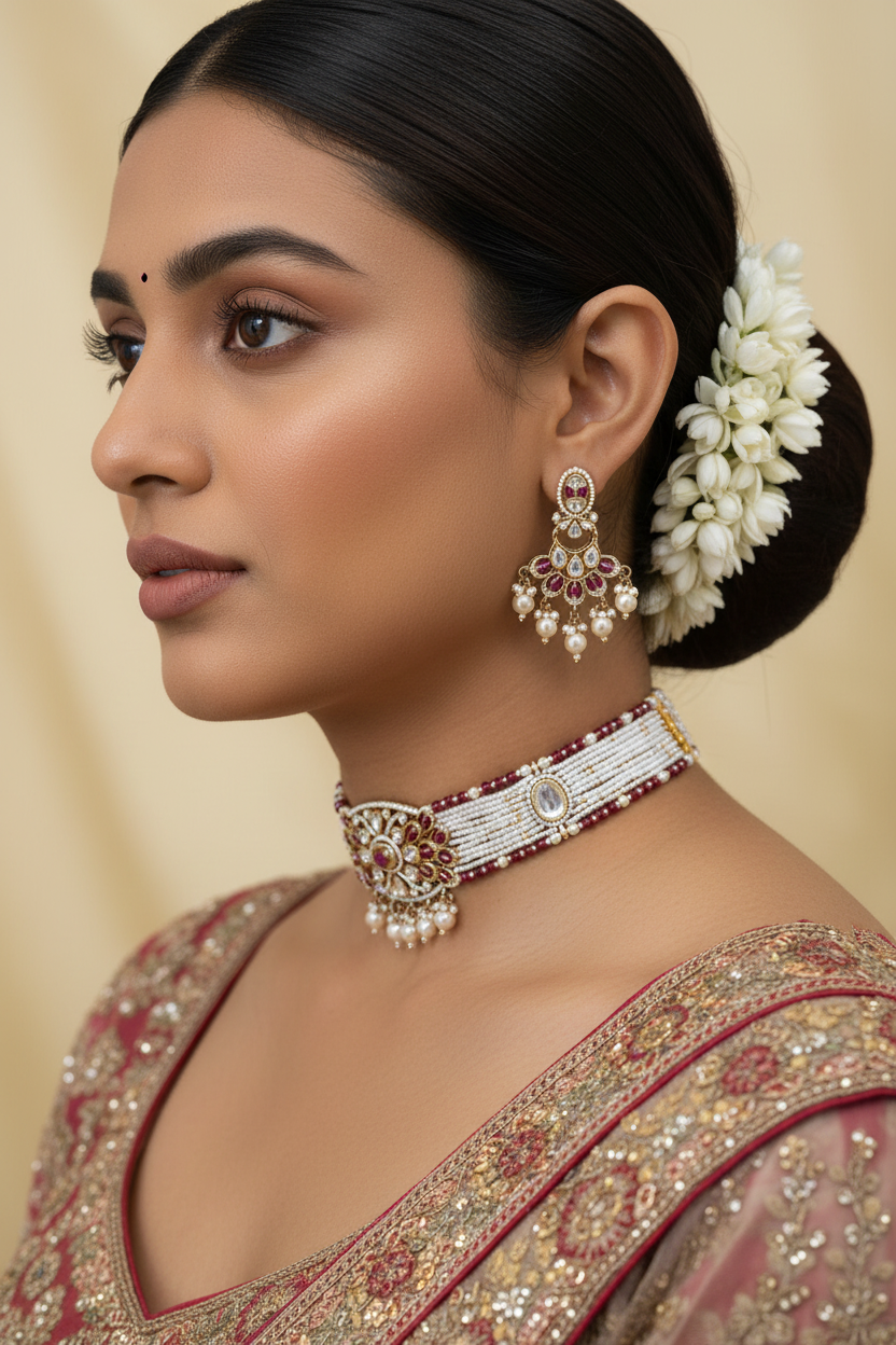 Ivorya Polki Pearl Choker Necklace Set Ruby Bridal Jewellery India | Premium Indian Jewellery