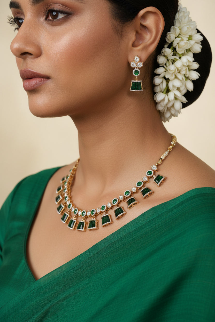 Tishaya Emerald Green Polki Necklace Set with Earrings Festive Jewellery India | Premium Indian Jewellery