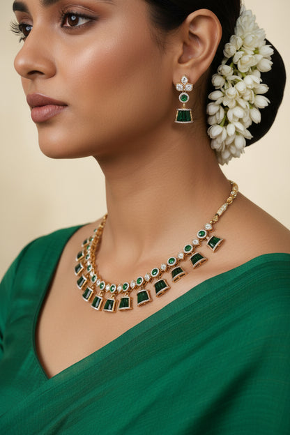 Tishaya Emerald Green Polki Necklace Set with Earrings Festive Jewellery India | Premium Indian Jewellery