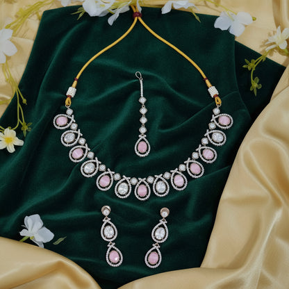 Pink Crystal Necklace Set with Earrings and Maang Tikka Wedding Jewellery India