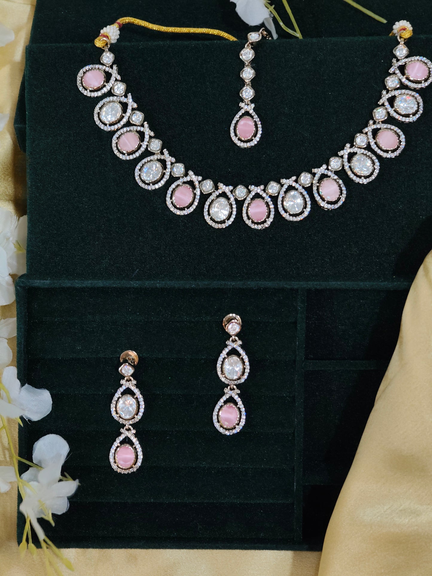 Elanira Pink Crystal Necklace Set with Earrings Maang Tikka Wedding Jewellery India | Premium Indian Jewellery
