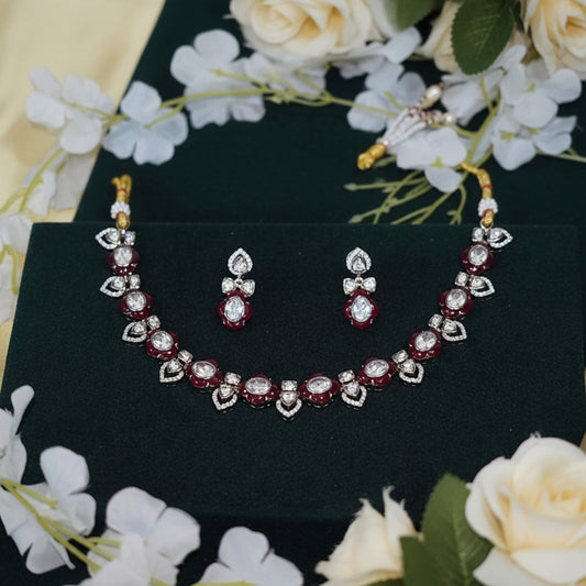 Ruby Crystal Necklace Set with Earrings Bracelet Party Jewellery India