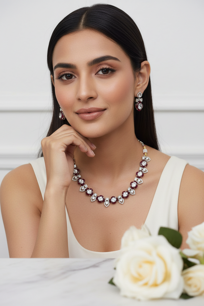 Saanvika Ruby Crystal Necklace Set with Earrings Bracelet Party Jewellery India | Premium Indian Jewellery