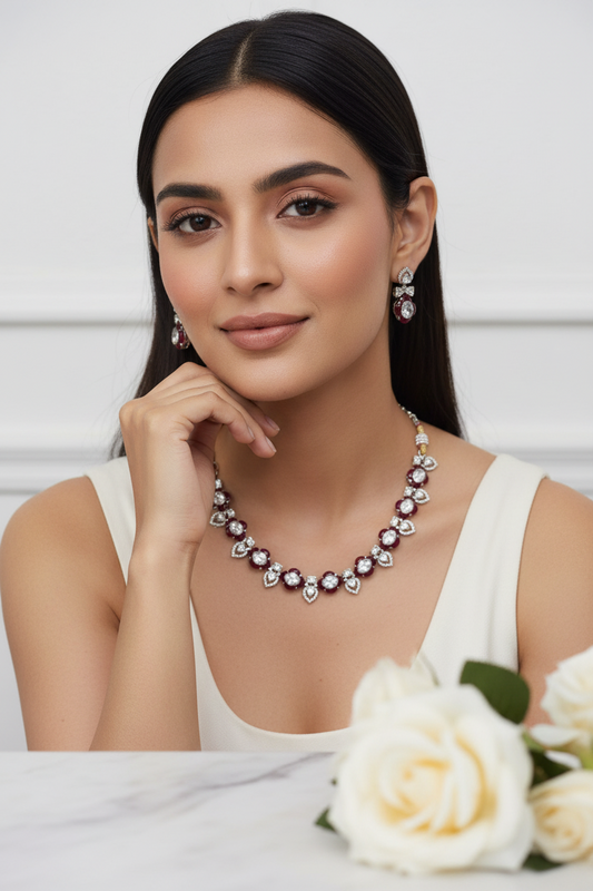 Saanvika Ruby Crystal Necklace Set with Earrings Bracelet Party Jewellery India | Premium Indian Jewellery