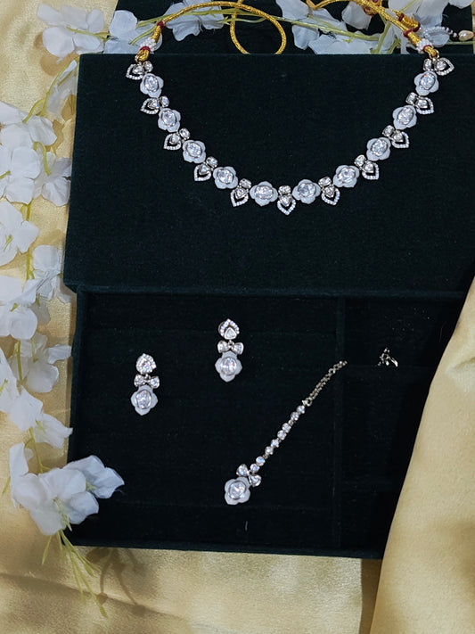 White Crystal Necklace Set with Earrings Bracelet Elegant Jewellery India