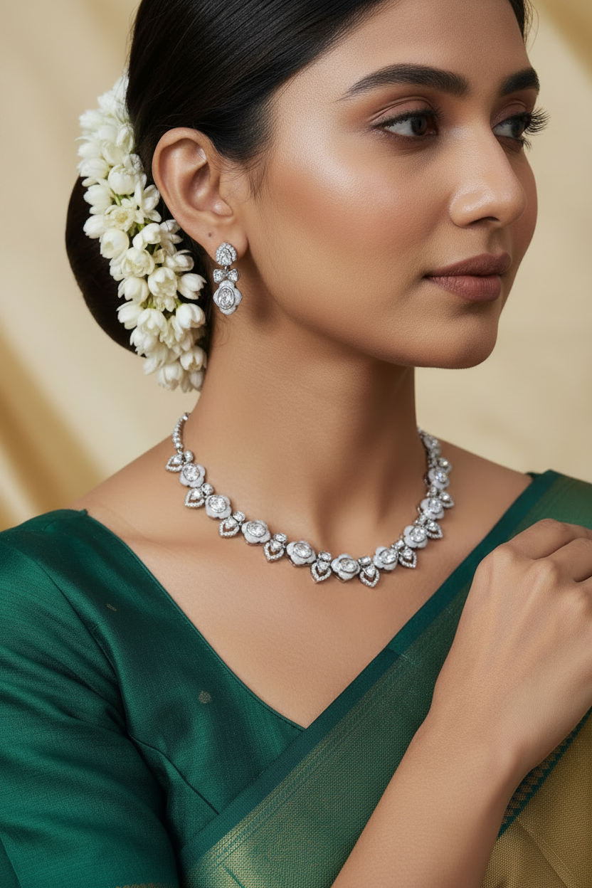 Naeyra White Crystal Necklace Set with Earrings Bracelet Elegant Jewellery India | Premium Indian Jewellery