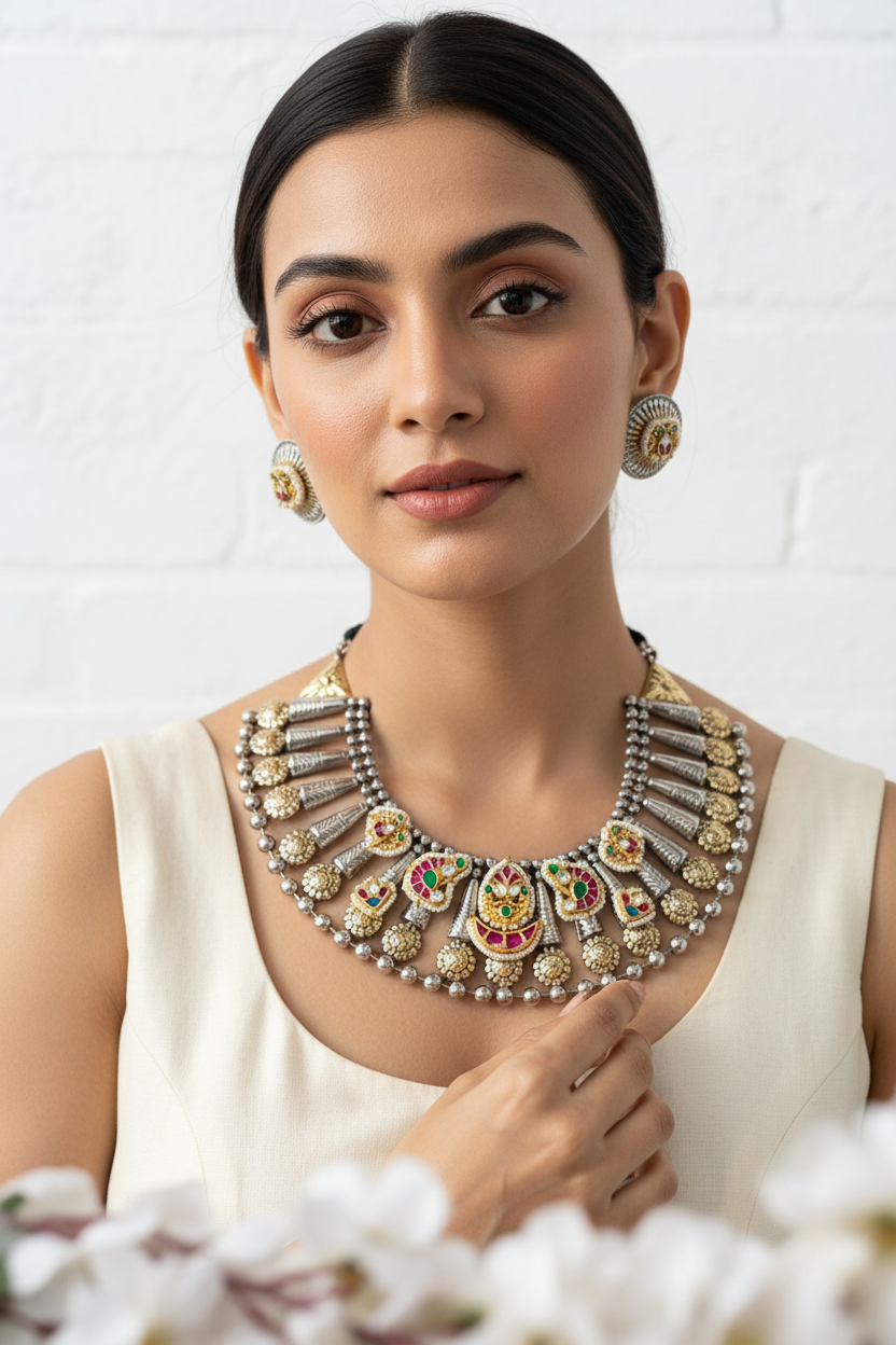 Zivara Noor Premium Kundan Hasli Necklace with Silver Look Alike Polish Online