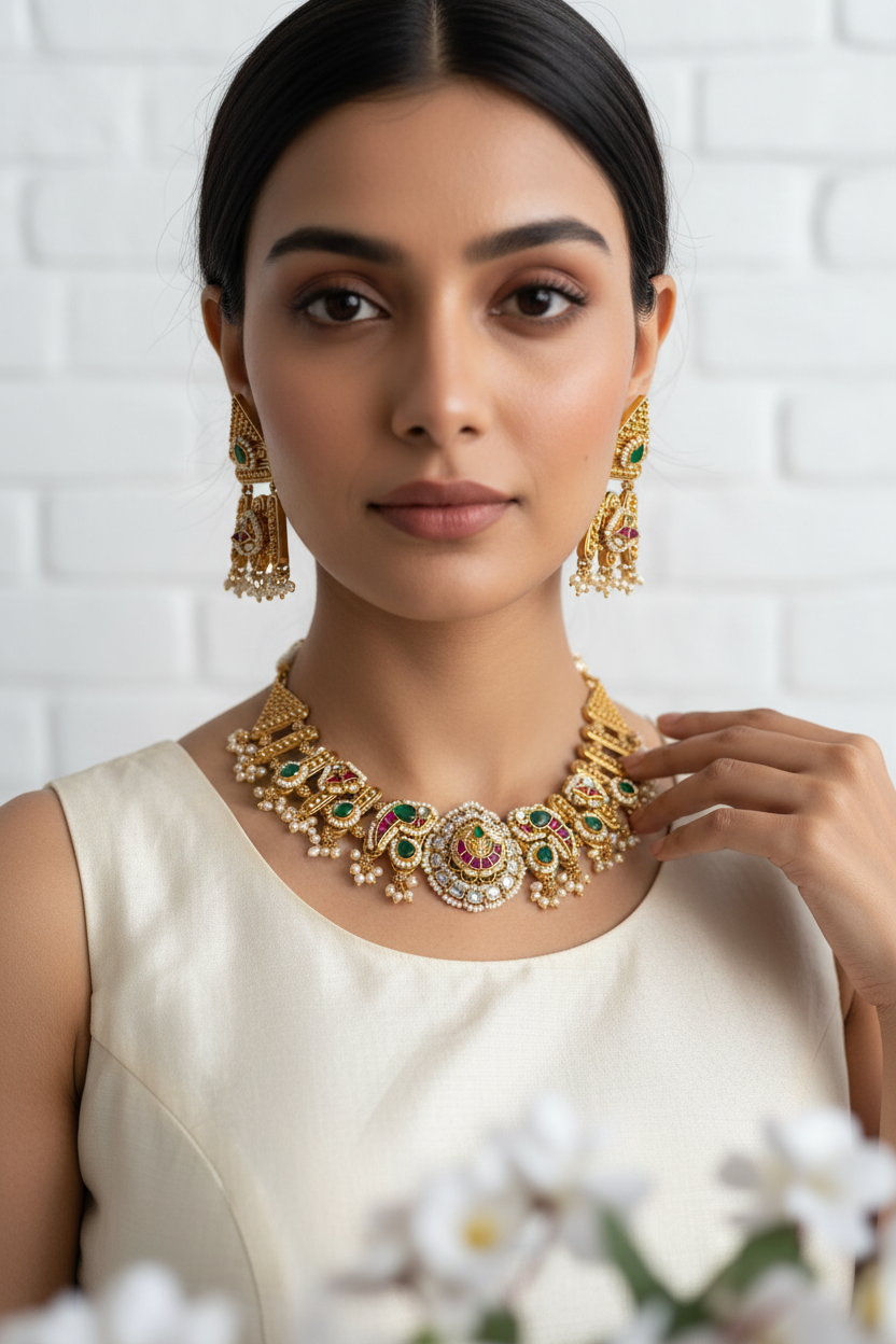 Sitara Veda Fusion Gold Matt Polish Necklace with Pacchi Kundan Online