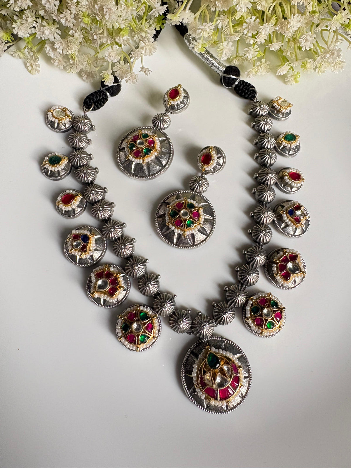 Vaidarbhi Multicolour Kundan Fusion Long Necklace Set with Matching Earrings