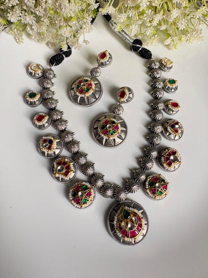 Vaidarbhi Multicolour Kundan Fusion Long Necklace Set with Matching Earrings