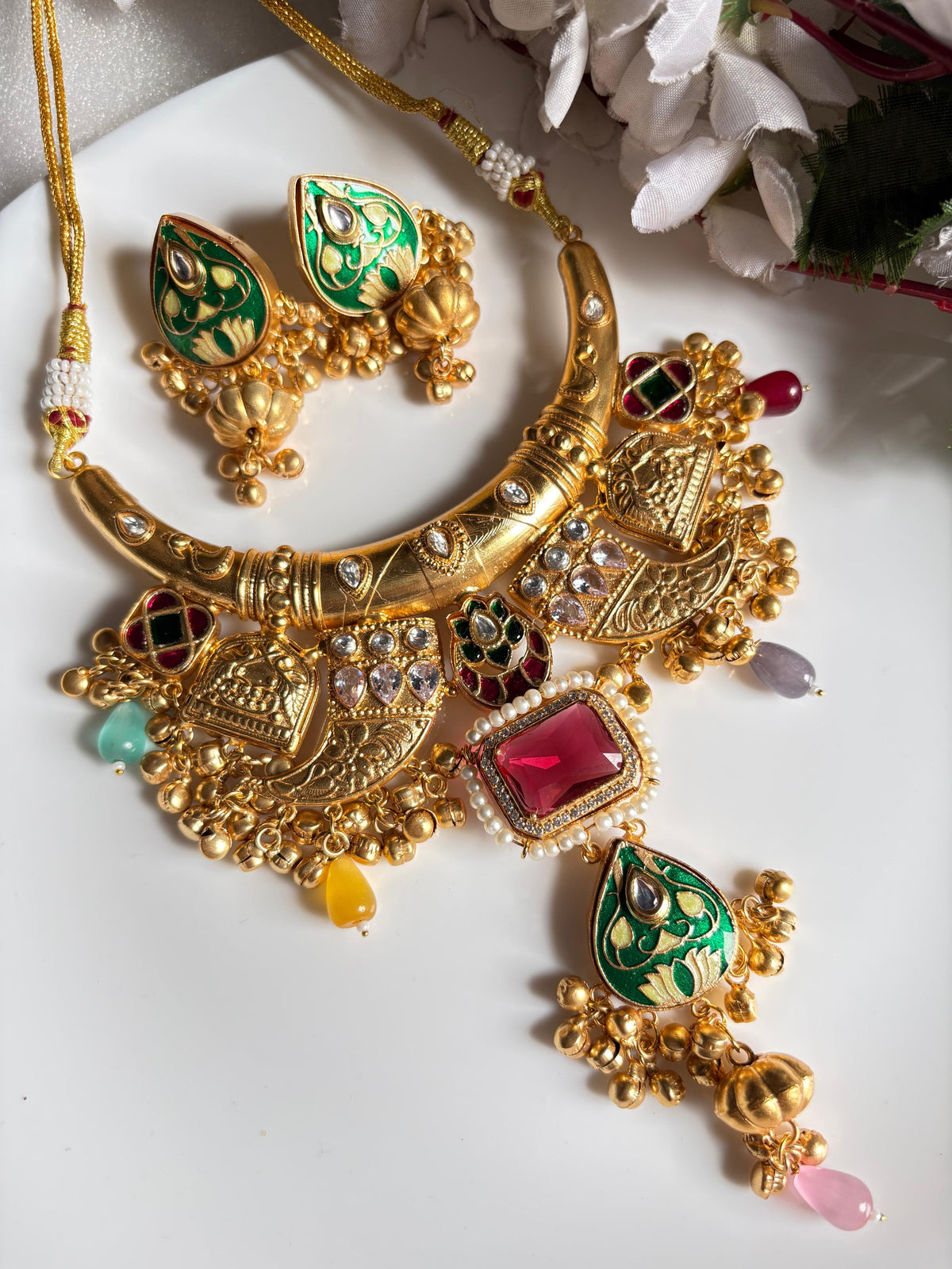 Svarnika Traditional Gold Apala Polish Necklace Set with Multicolour Enamel Work and Earrings