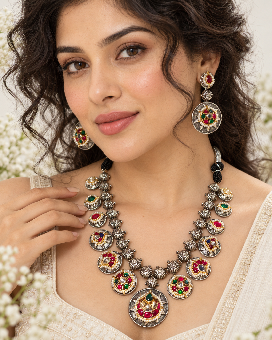Vaidarbhi Multicolour Kundan Fusion Long Necklace Set with Matching Earrings