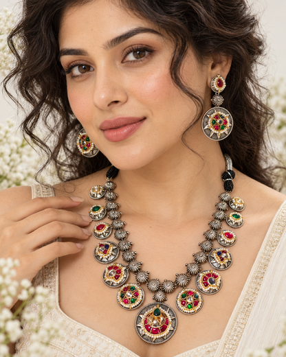 Vaidarbhi Multicolour Kundan Fusion Long Necklace Set with Matching Earrings