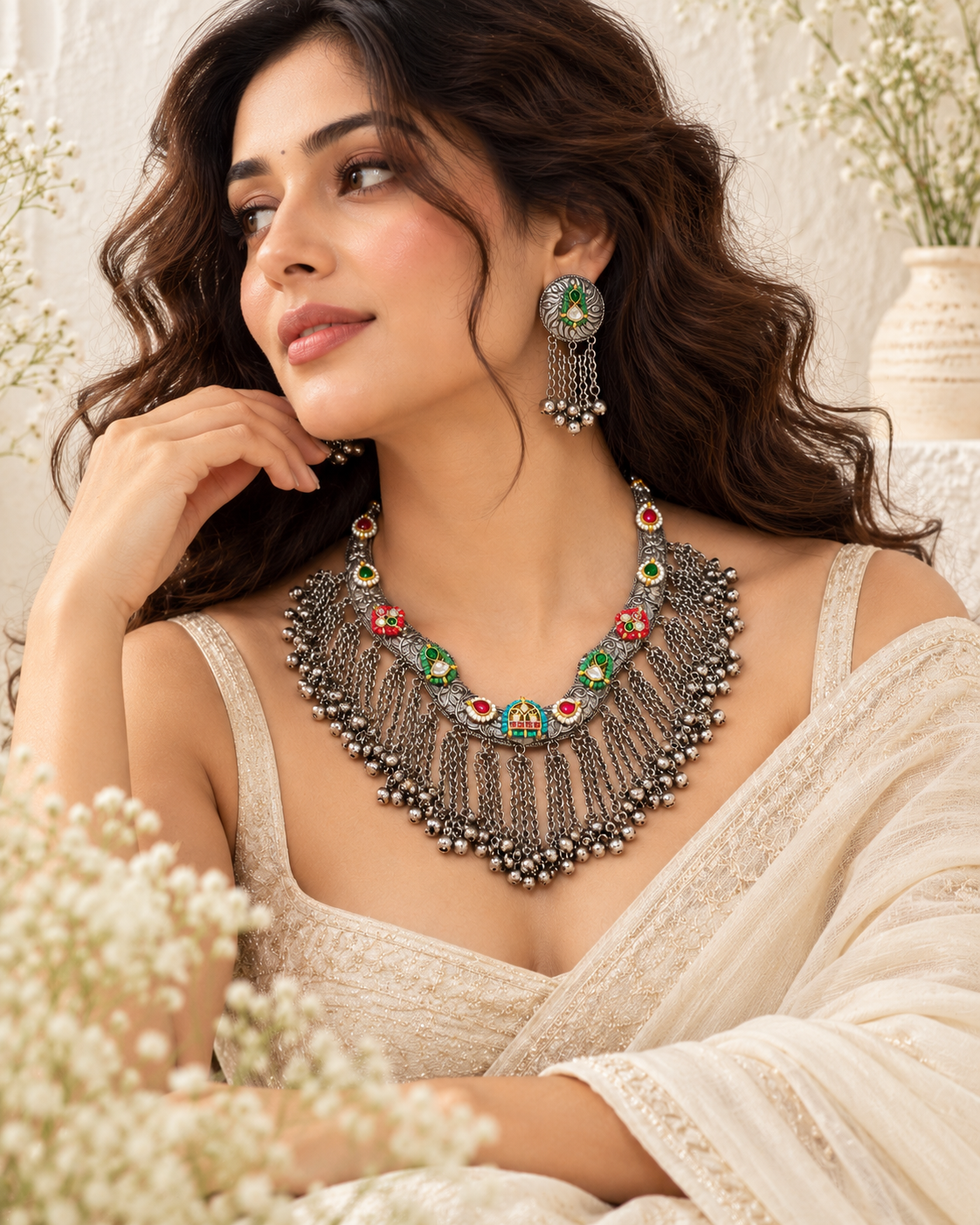 Nupurini Multicolour Kundan Hasli Necklace Set with Ghungroo Chain Fringe and Earrings