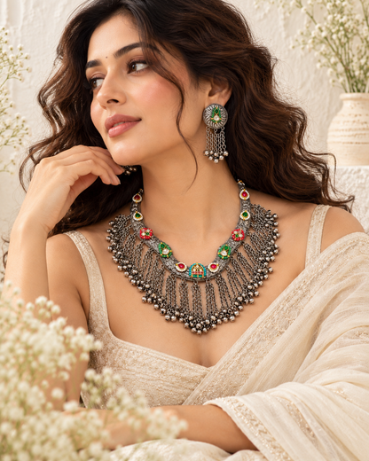 Nupurini Multicolour Kundan Hasli Necklace Set with Ghungroo Chain Fringe and Earrings