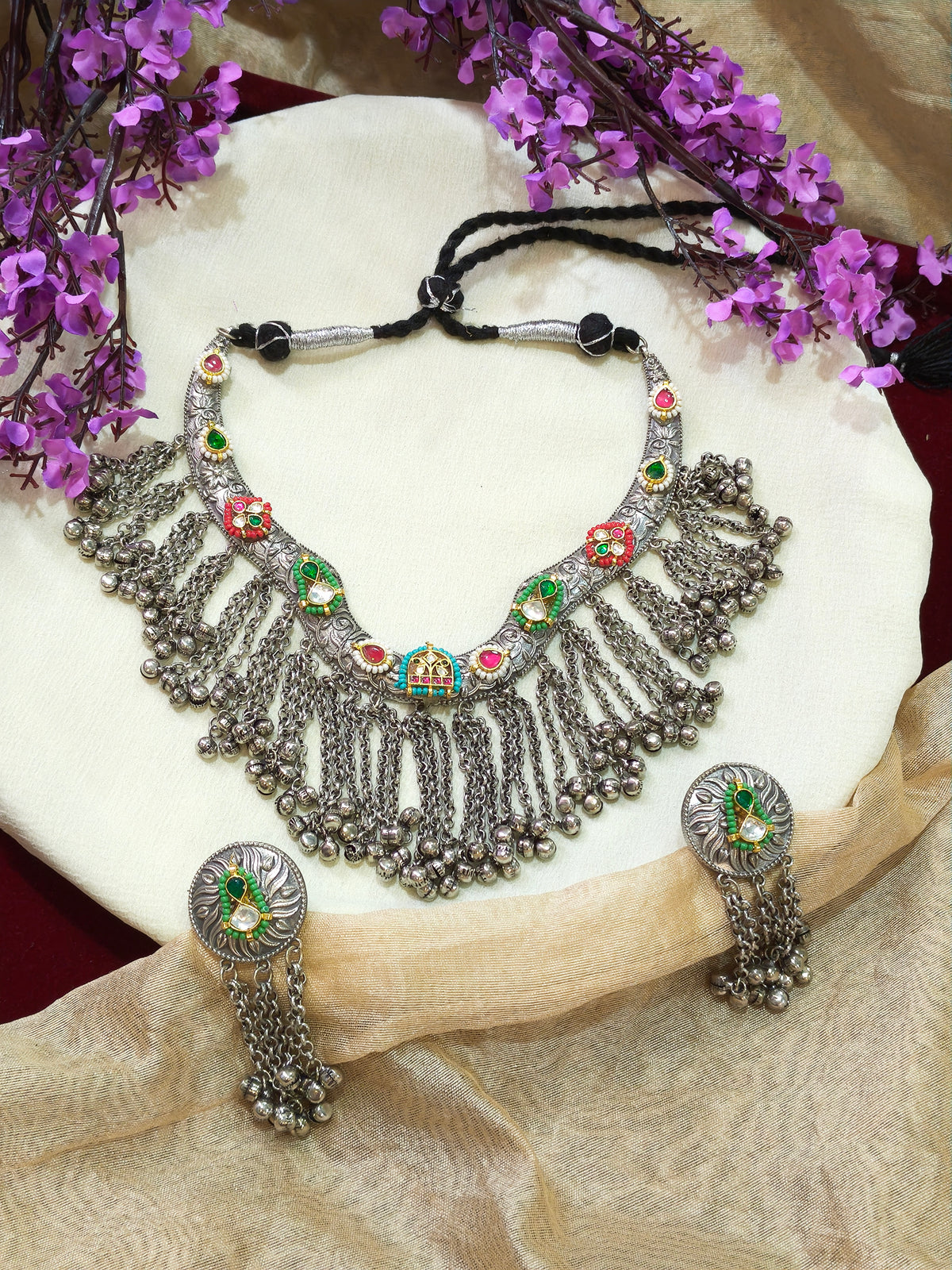Nupurini Multicolour Kundan Hasli Necklace Set with Ghungroo Chain Fringe and Earrings