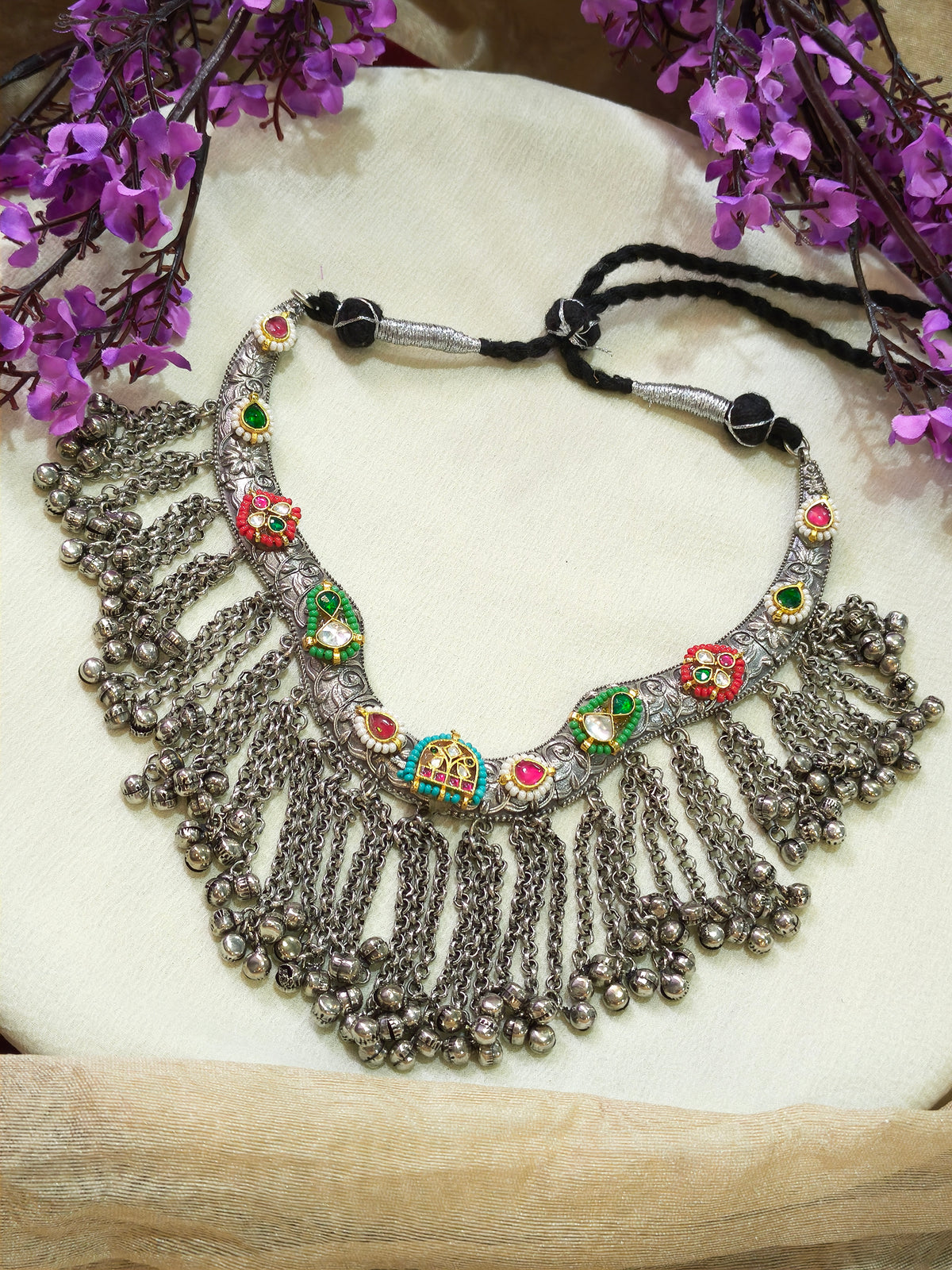 Nupurini Multicolour Kundan Hasli Necklace Set with Ghungroo Chain Fringe and Earrings