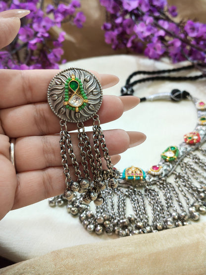 Nupurini Multicolour Kundan Hasli Necklace Set with Ghungroo Chain Fringe and Earrings