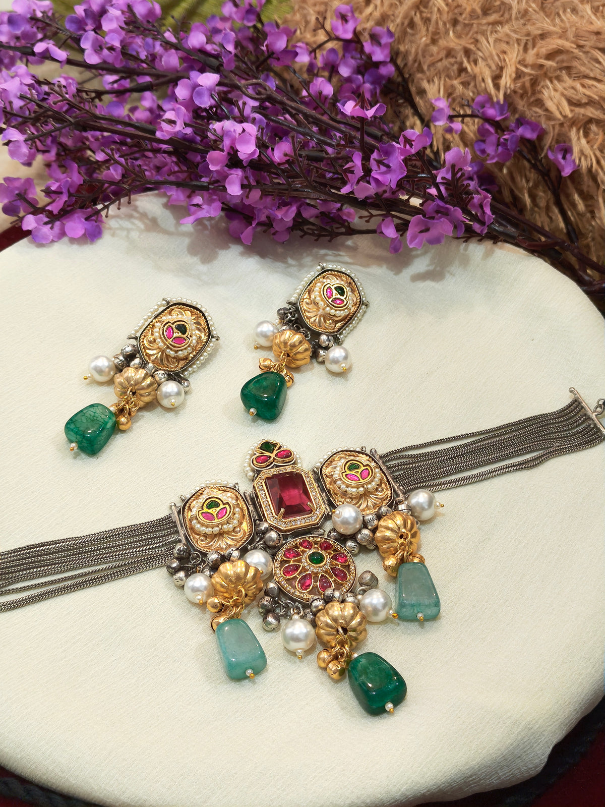 Rajvalli Traditional Kundan Statement Bracelet with Matching Earrings – Multicolour Gemstone and Pearl Embellished Jewellery Set