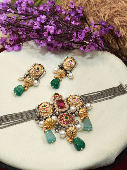 Rajvalli Traditional Kundan Statement Bracelet with Matching Earrings – Multicolour Gemstone and Pearl Embellished Jewellery Set