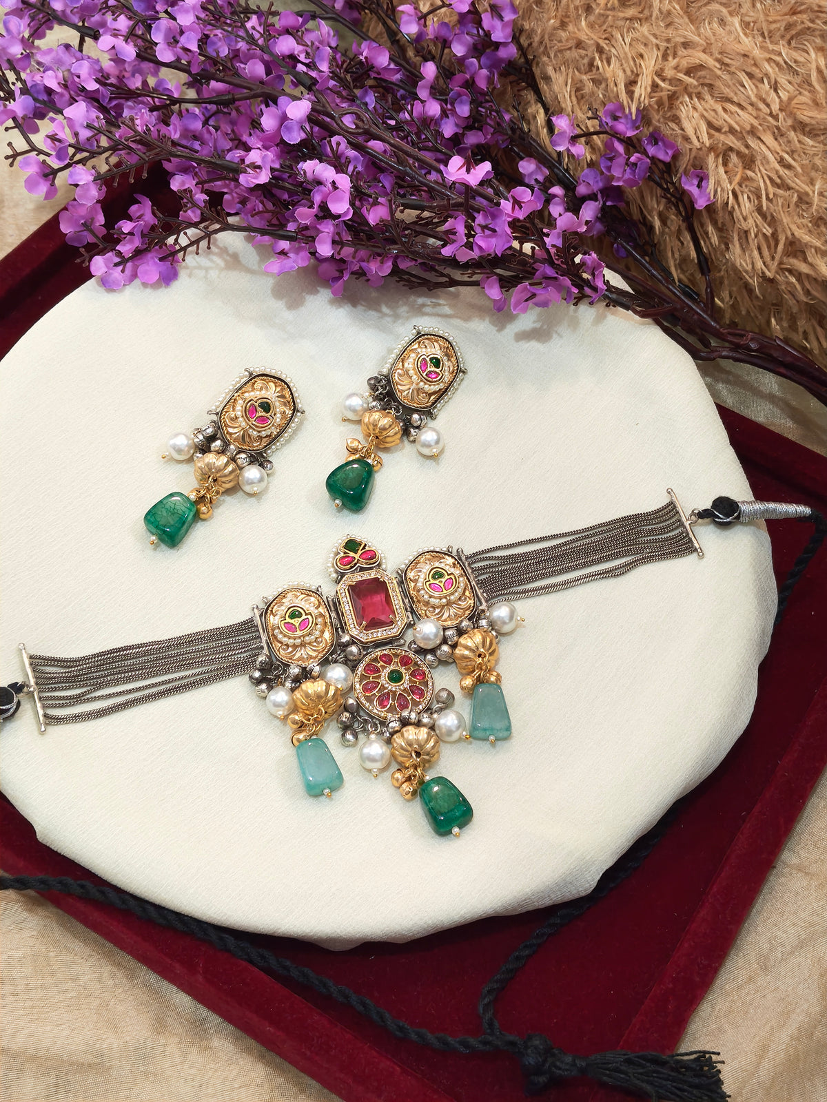 Rajvalli Traditional Kundan Statement Bracelet with Matching Earrings – Multicolour Gemstone and Pearl Embellished Jewellery Set