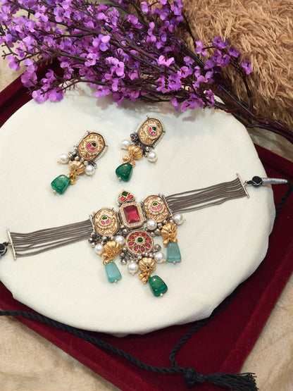 Rajvalli Traditional Kundan Statement Bracelet with Matching Earrings – Multicolour Gemstone and Pearl Embellished Jewellery Set