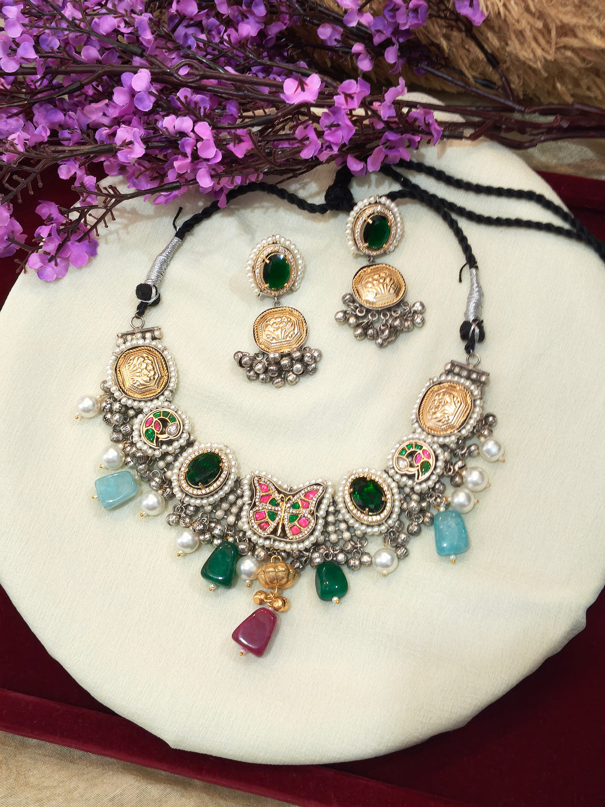 Rangpankhi Traditional Kundan Fusion Choker Necklace Set with Butterfly Motif, Green Stones and Matching Earrings