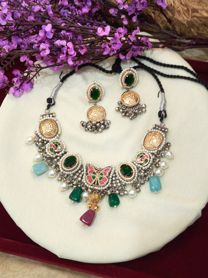 Rangpankhi Traditional Kundan Fusion Choker Necklace Set with Butterfly Motif, Green Stones and Matching Earrings