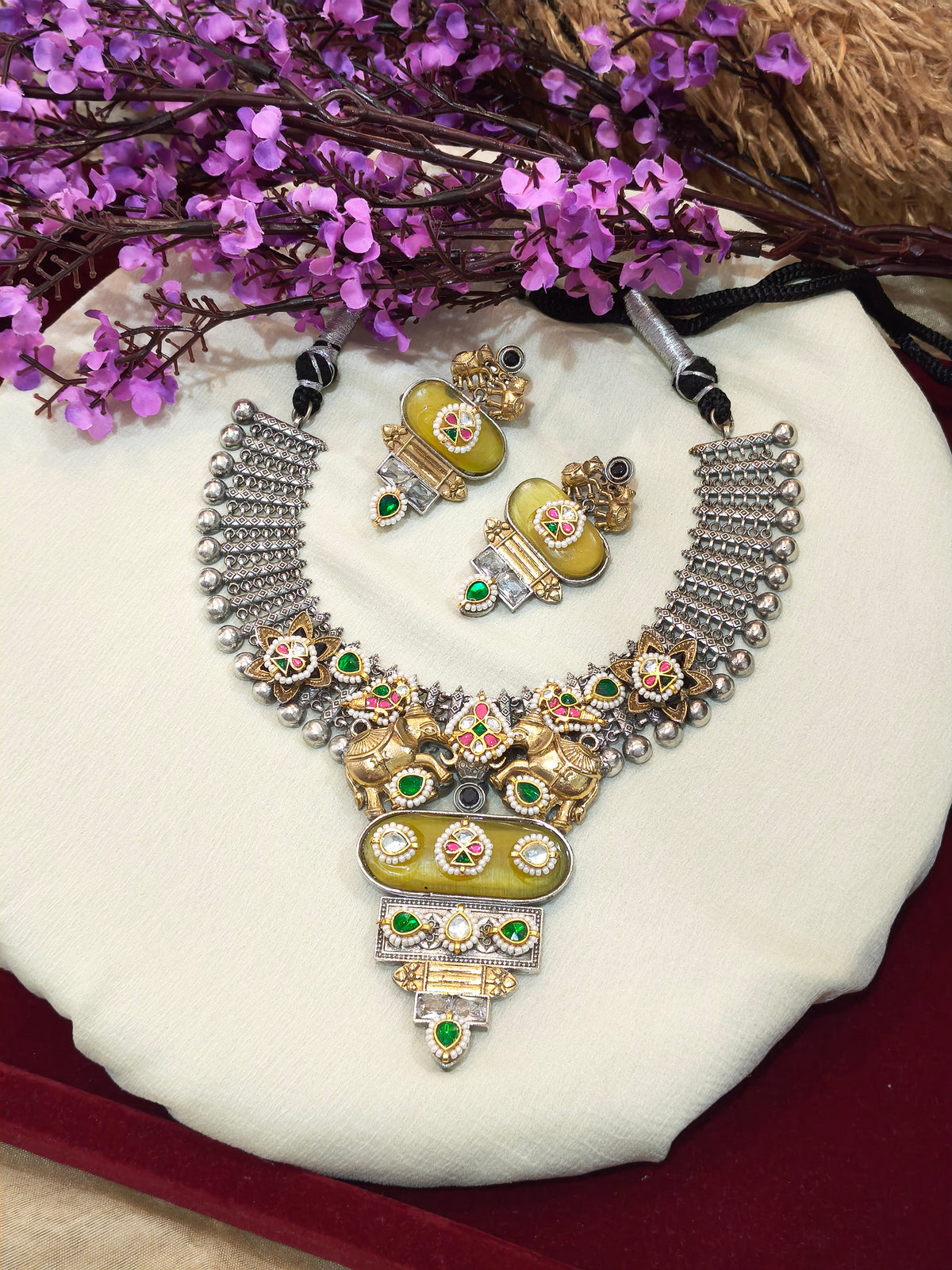 Gajrajya Yellow Stone Elephant Kundan Fusion Necklace Set with Matching Earrings – Traditional Statement Jewellery