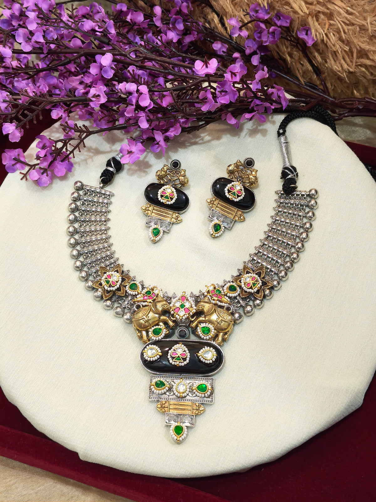 Gajrajya Royal Elephant Kundan Fusion Necklace Set with Matching Earrings – Black Stone and Multicolour Traditional Statement Jewellery