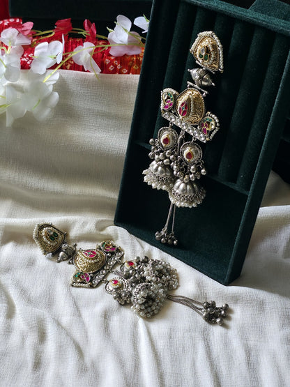 Rajsi Dual Tone Kundan Jhumka Earrings | SLA Silver Look Heritage Pearl Statement Earrings