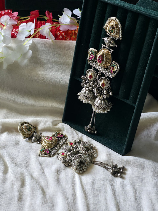 Rajsi Dual Tone Kundan Jhumka Earrings | SLA Silver Look Heritage Pearl Statement Earrings