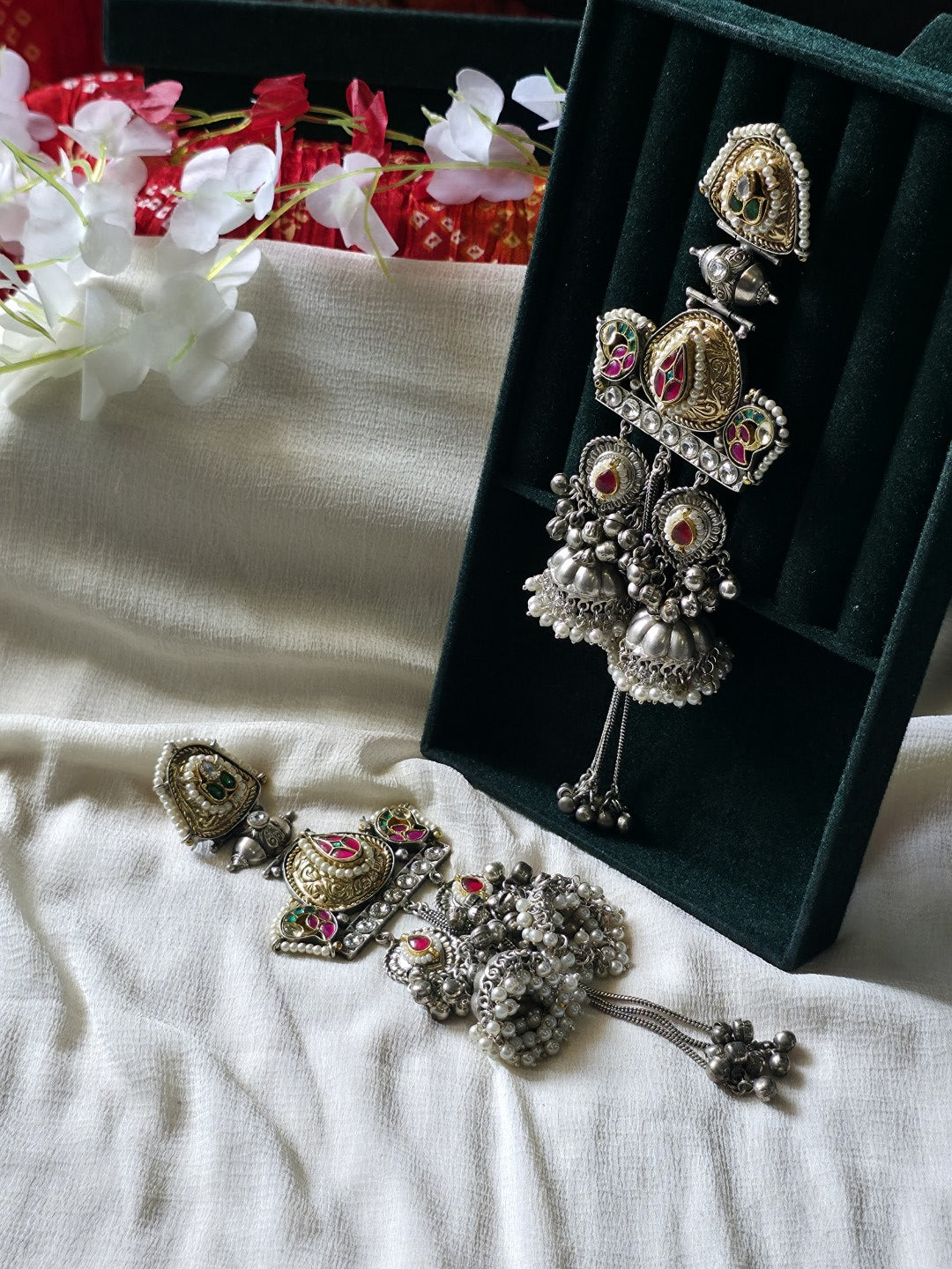 Rajsi Dual Tone Kundan Jhumka Earrings | SLA Silver Look Heritage Pearl Statement Earrings