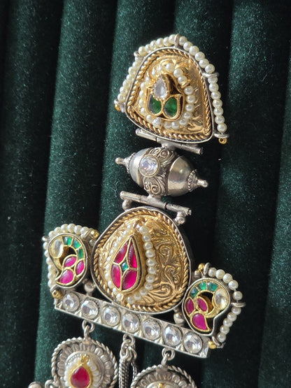 Rajsi Dual Tone Kundan Jhumka Earrings | SLA Silver Look Heritage Pearl Statement Earrings