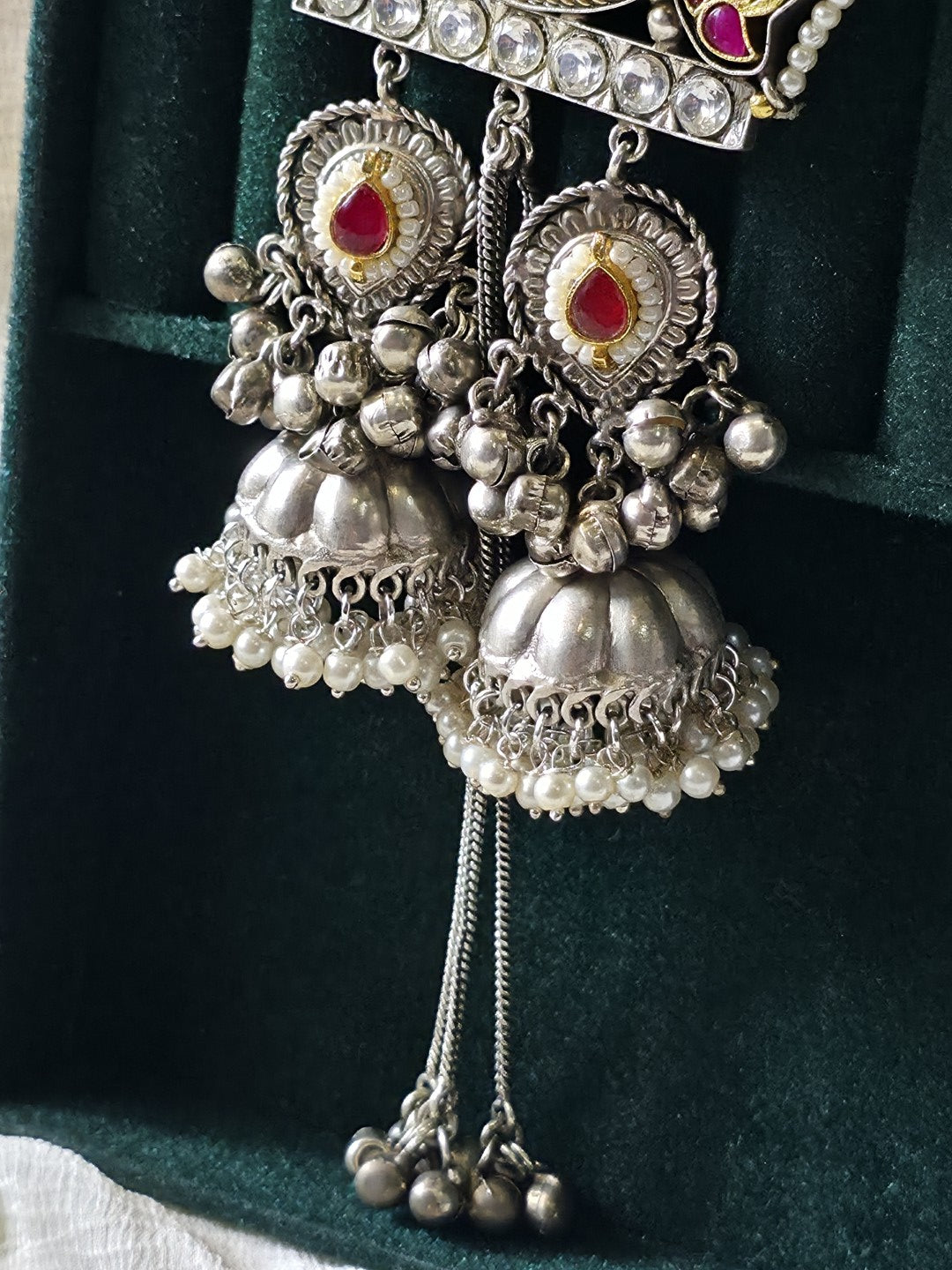 Rajsi Dual Tone Kundan Jhumka Earrings | SLA Silver Look Heritage Pearl Statement Earrings