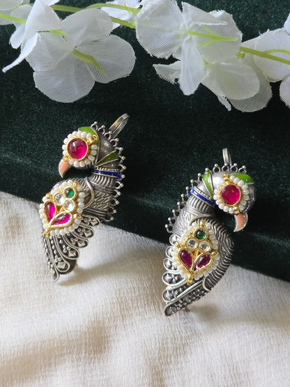 Mayurika Antique Silver Ear Cuff  Designer Peacock Ear Cuff Earrings | Antique Silver Finish | Kundan, Meenakari & Pearl Handcrafted Statement Jewellery