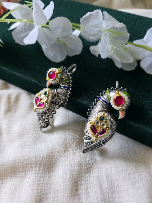 Mayurika Antique Silver Ear Cuff  Designer Peacock Ear Cuff Earrings | Antique Silver Finish | Kundan, Meenakari & Pearl Handcrafted Statement Jewellery