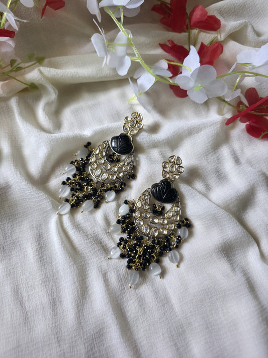 Noir Chandrika Moissanite Polki Statement Earrings  Black Onyx Leaf Earrings with Moissanite Polki, Victorian Finish & Pearl Bead Drops | Designer Ethnic Party Wear Earrings