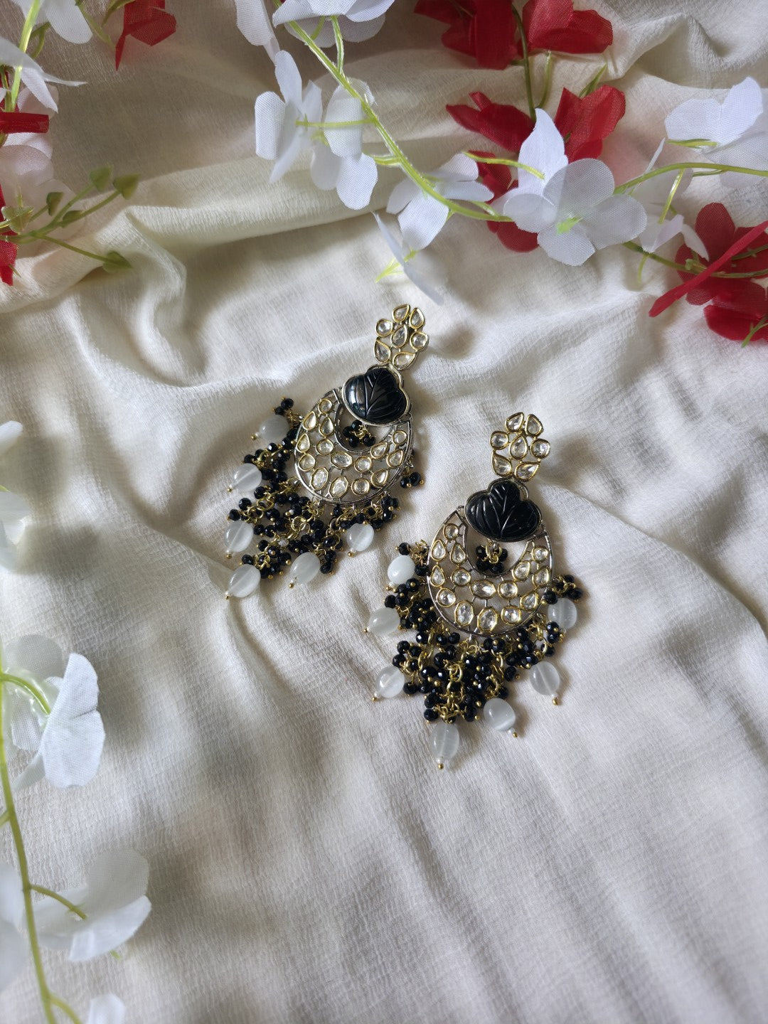 Noir Chandrika Moissanite Polki Statement Earrings  Black Onyx Leaf Earrings with Moissanite Polki, Victorian Finish & Pearl Bead Drops | Designer Ethnic Party Wear Earrings