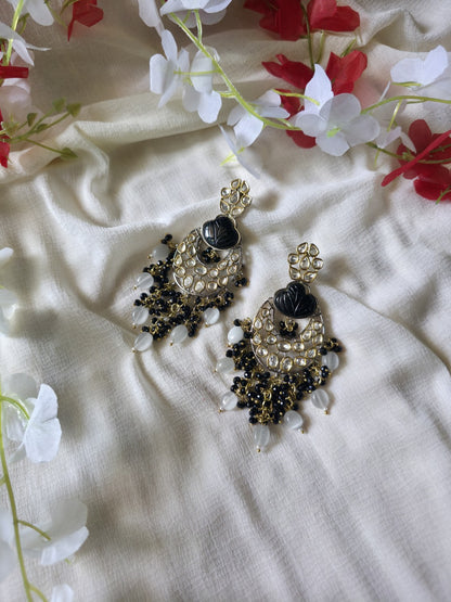 Noir Chandrika Moissanite Polki Statement Earrings  Black Onyx Leaf Earrings with Moissanite Polki, Victorian Finish & Pearl Bead Drops | Designer Ethnic Party Wear Earrings
