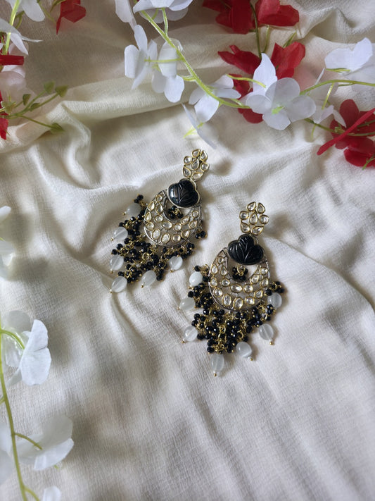 Noir Chandrika Moissanite Polki Statement Earrings  Black Onyx Leaf Earrings with Moissanite Polki, Victorian Finish & Pearl Bead Drops | Designer Ethnic Party Wear Earrings